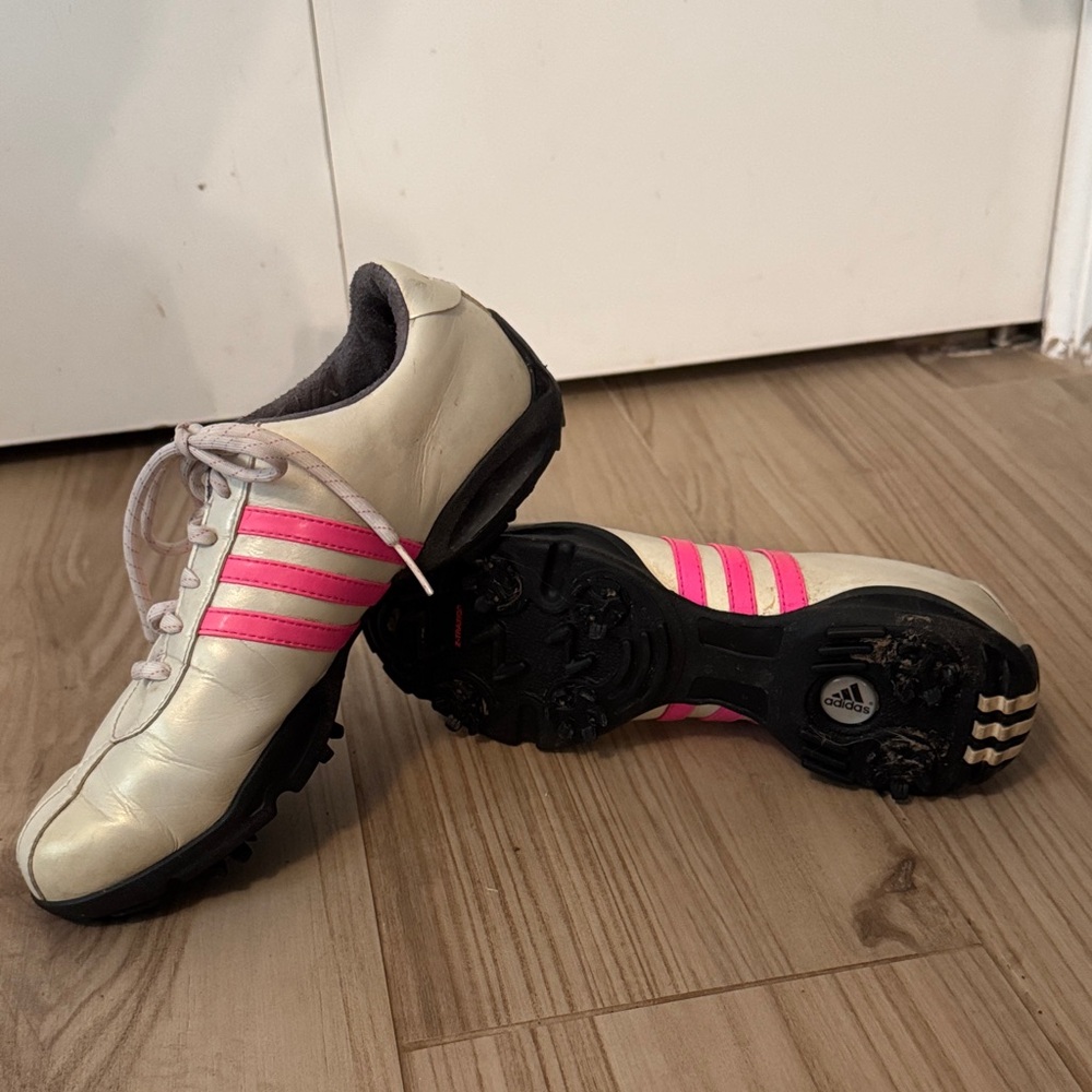 Adidas FitFoam Women's Golf Shoes in Iridescent Pearl White and Hot Pink